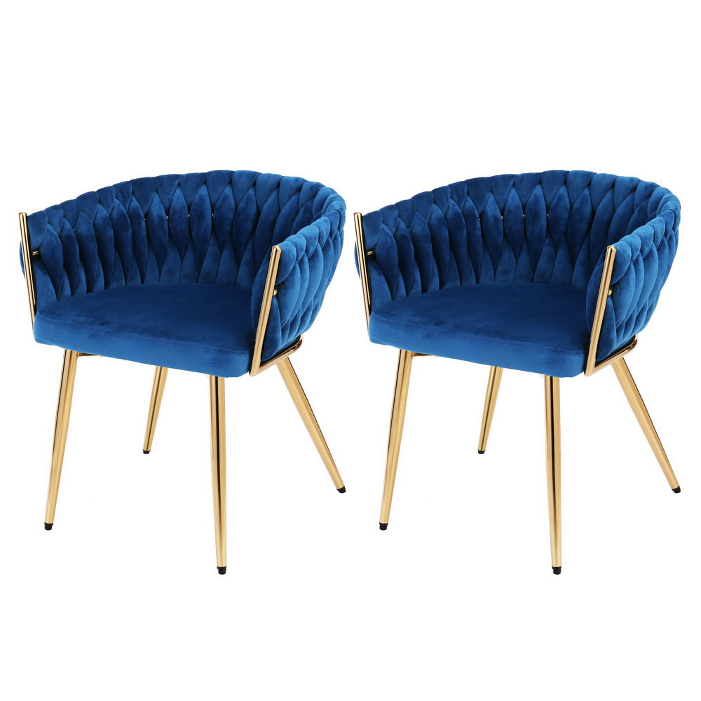 1 Set of 2 Artiss Dining Chairs Velvet Weaving Armchair Blue