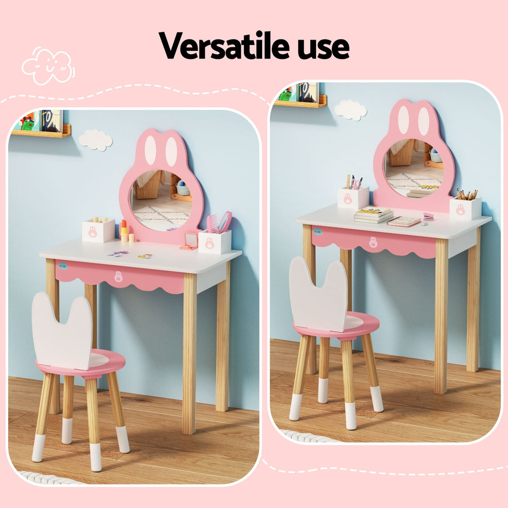 1 Set of Keezi Kids Dressing Table Wooden Bunny Pink