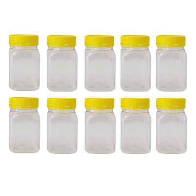 10x 500g Plastic Honey Jars + Lids - Square Clear Food Grade Packaging Containers