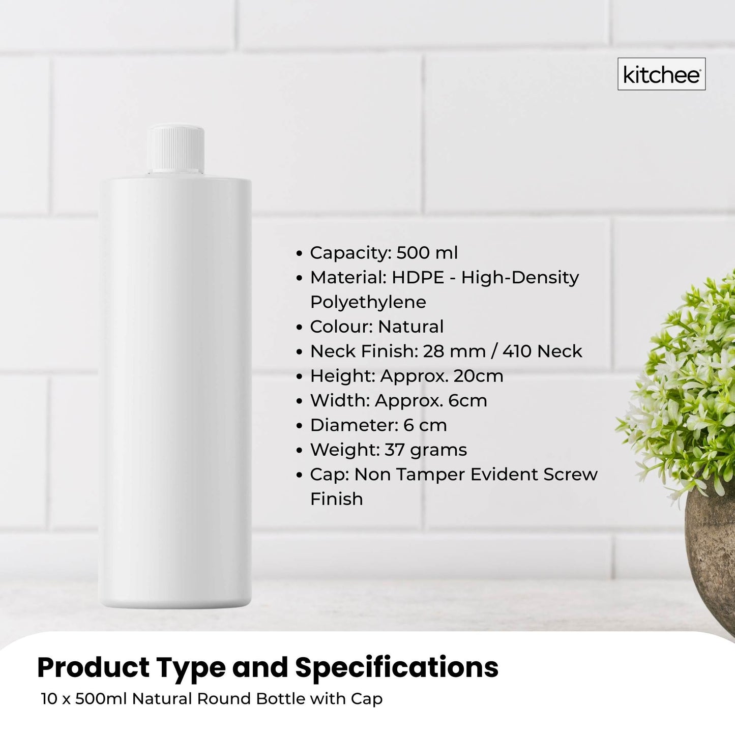 10x 500ml Clear HDPE Round Bottle + 28/410 Caps - Empty Plastic Food Storage