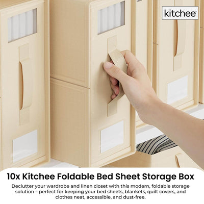 10x Kitchee Foldable Bed Sheet Storage Box - Linen and Closet Organiser Beige
