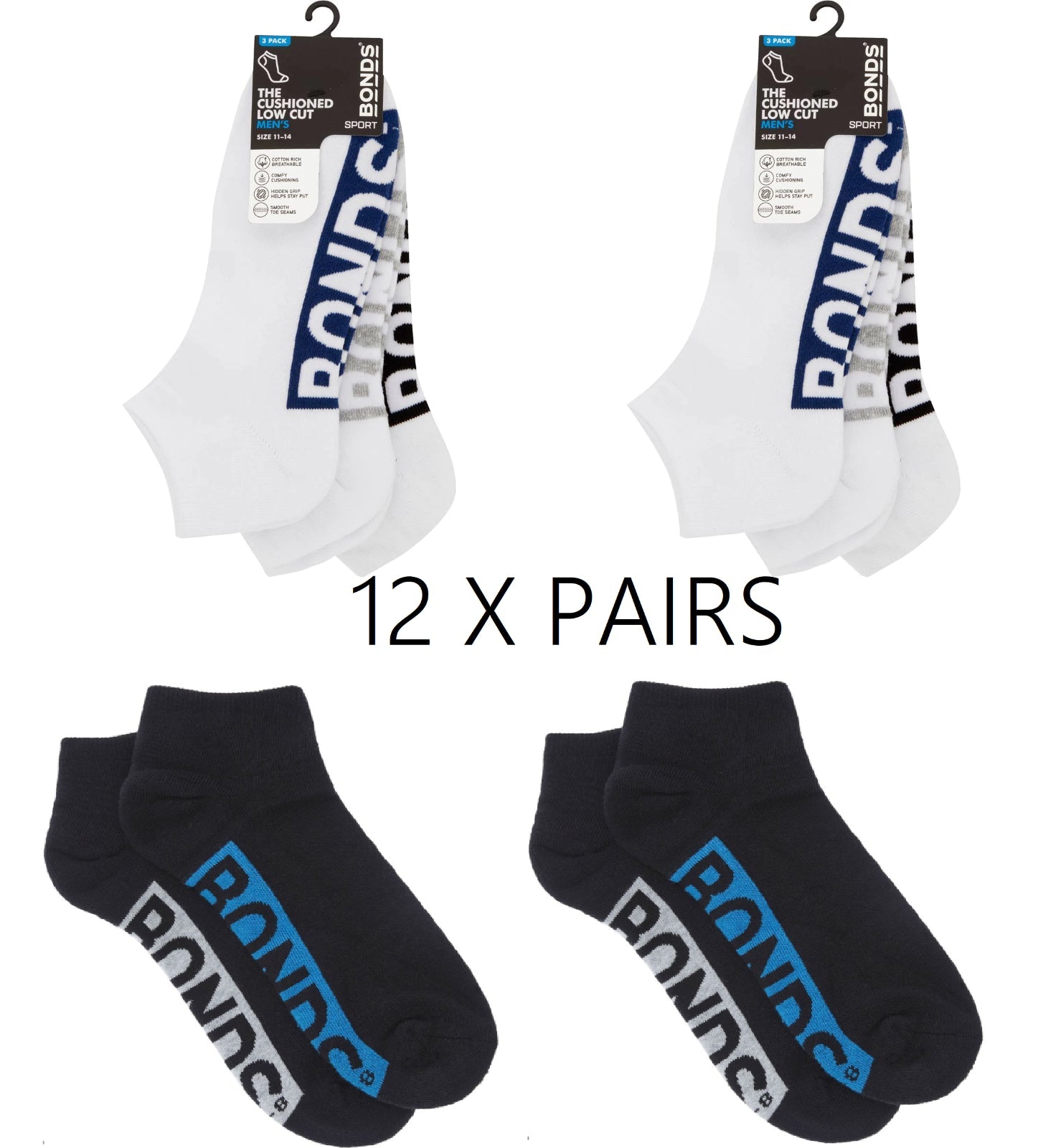 12 Pairs Of Bonds Low Cut Socks Mens Sport Running Black Gym Sock