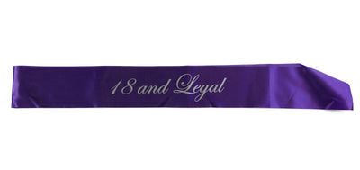 18th Birthday Sash - 18 And Legal - Purple/Silver Edwardian Font