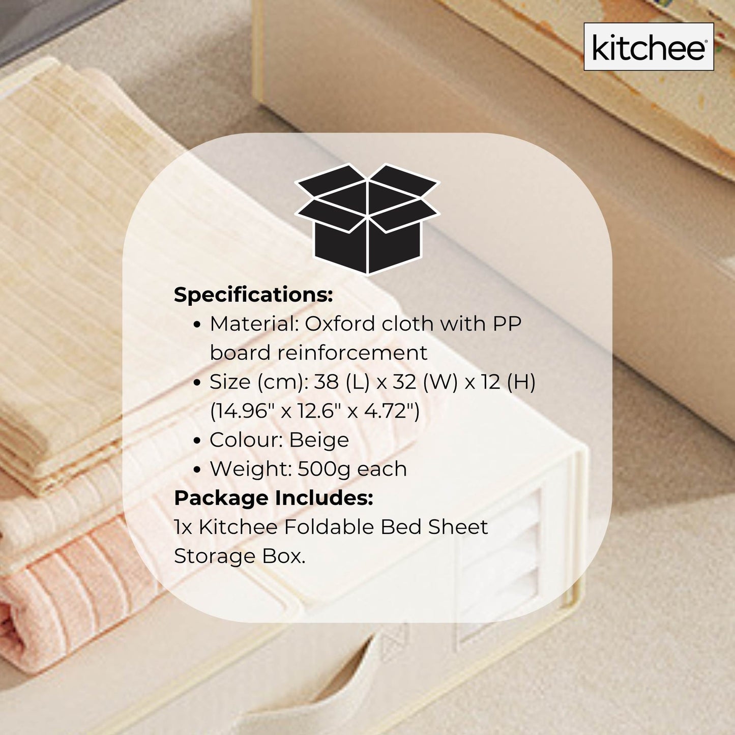 1x Kitchee Foldable Bed Sheet Storage Box – Linen & Closet Organiser Beige