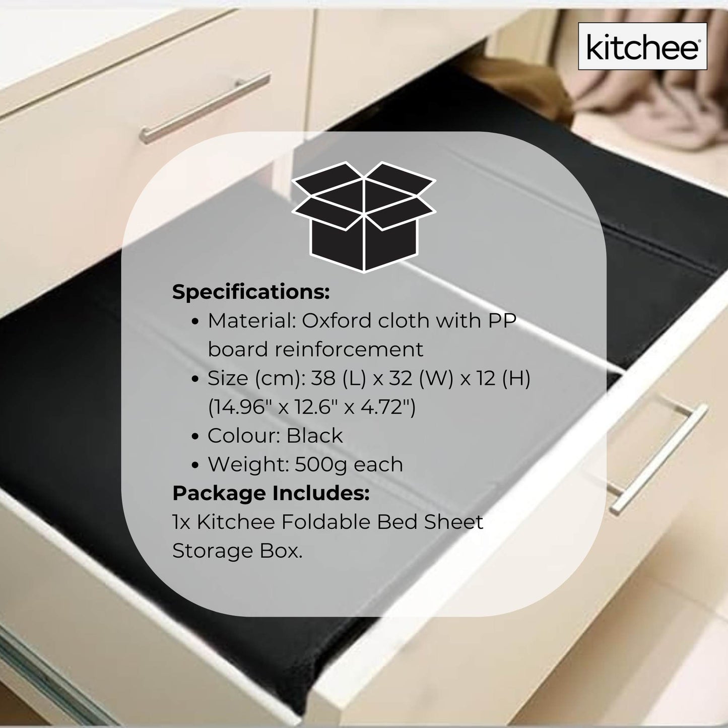1x Kitchee Foldable Bed Sheet Storage Box – Linen & Closet Organiser Black