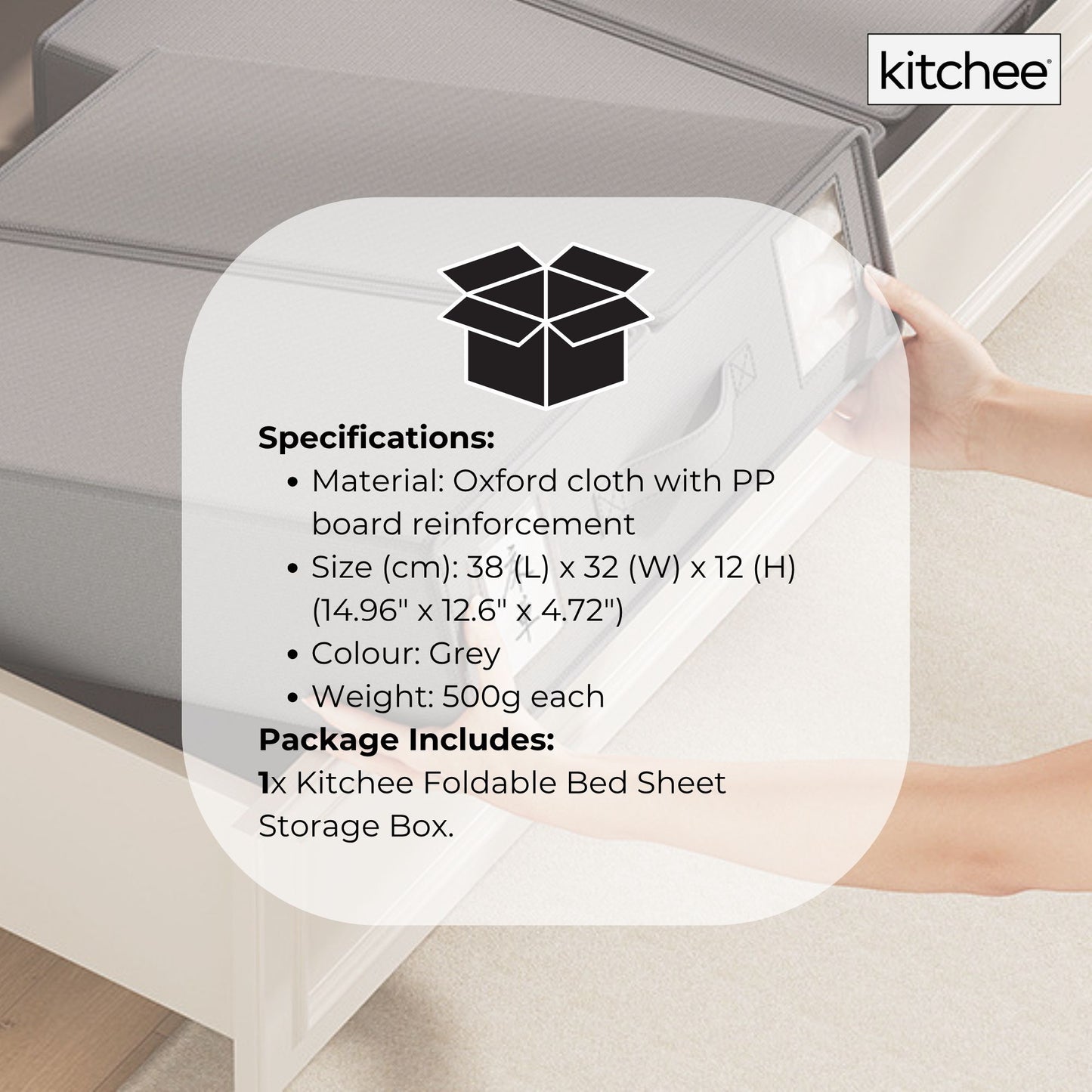 1x Kitchee Foldable Bed Sheet Storage Box – Linen & Closet Organiser Grey