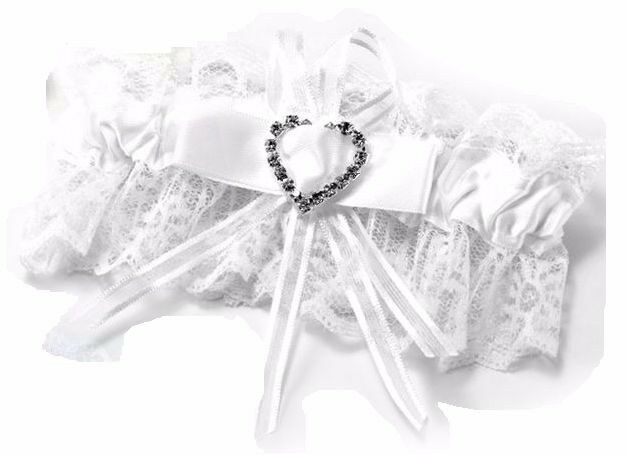 2 x Bridal Garter Wedding Lace Satin Crystal Heart Leg Band Diamante