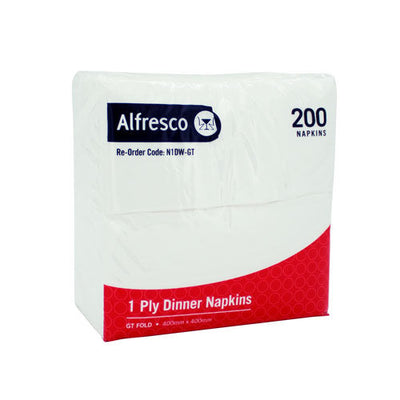200 X Alfresco Folded Dinner Napkins White 1 Ply