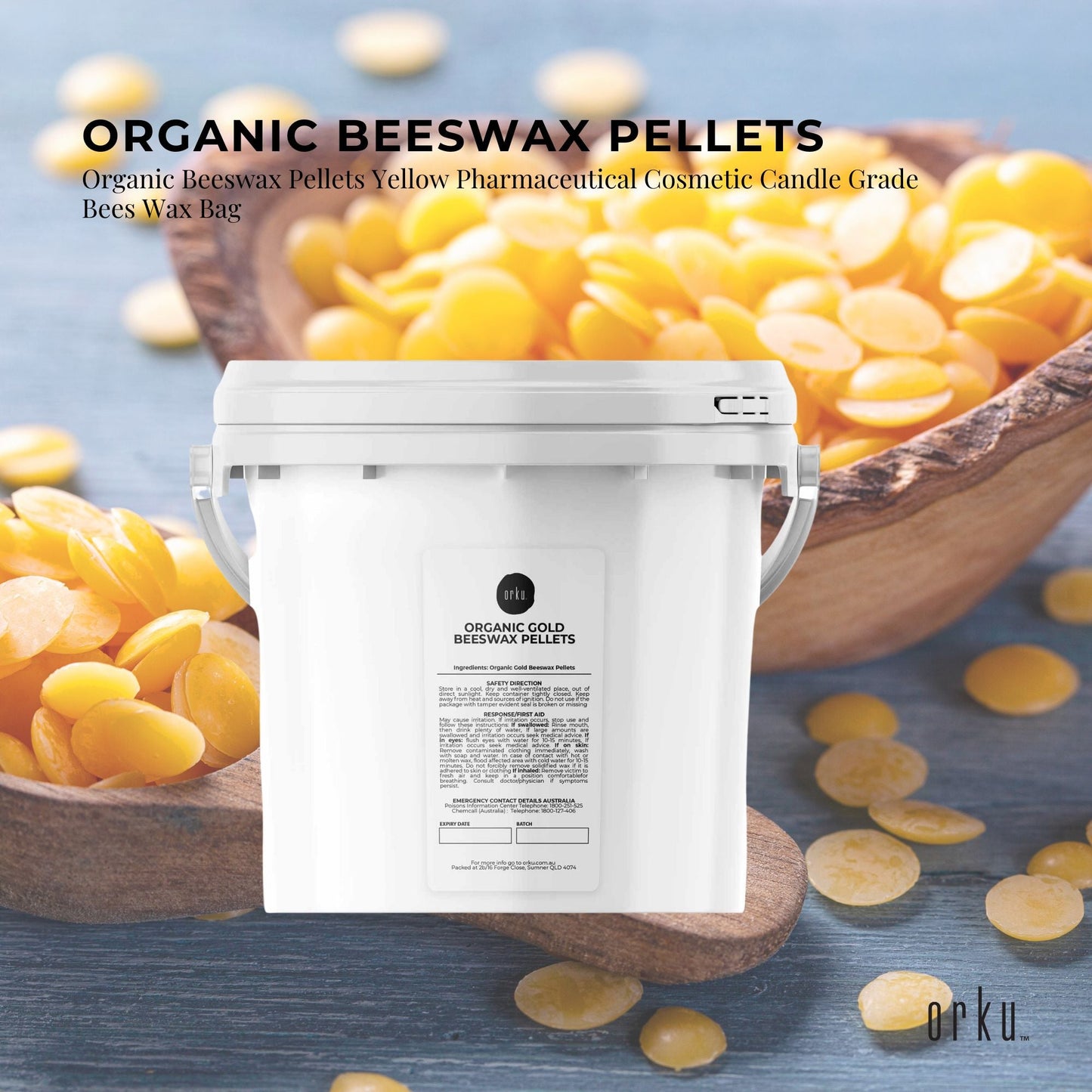 2.5Kg Orku Organic Beeswax Pellets Yellow Tub - Cosmetic Quality Pure Bees Wax