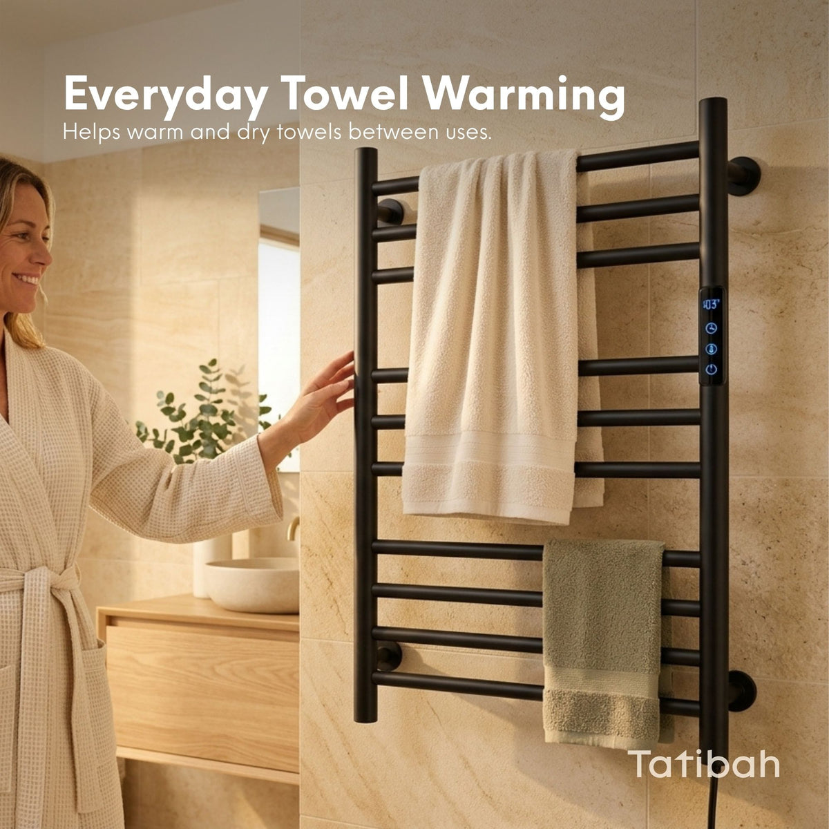 Tatibah 10 Bar Heated Towel Rack Electric Warming Rails + Timer Matte Black
