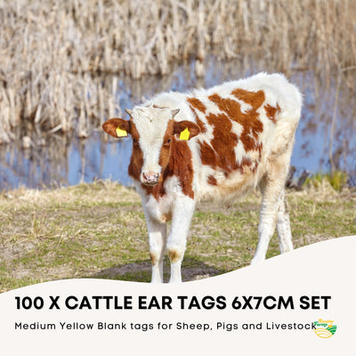 Rooster Farms 100x Cattle Ear Tags 6x7cm Livestock Set - Blank Yellow