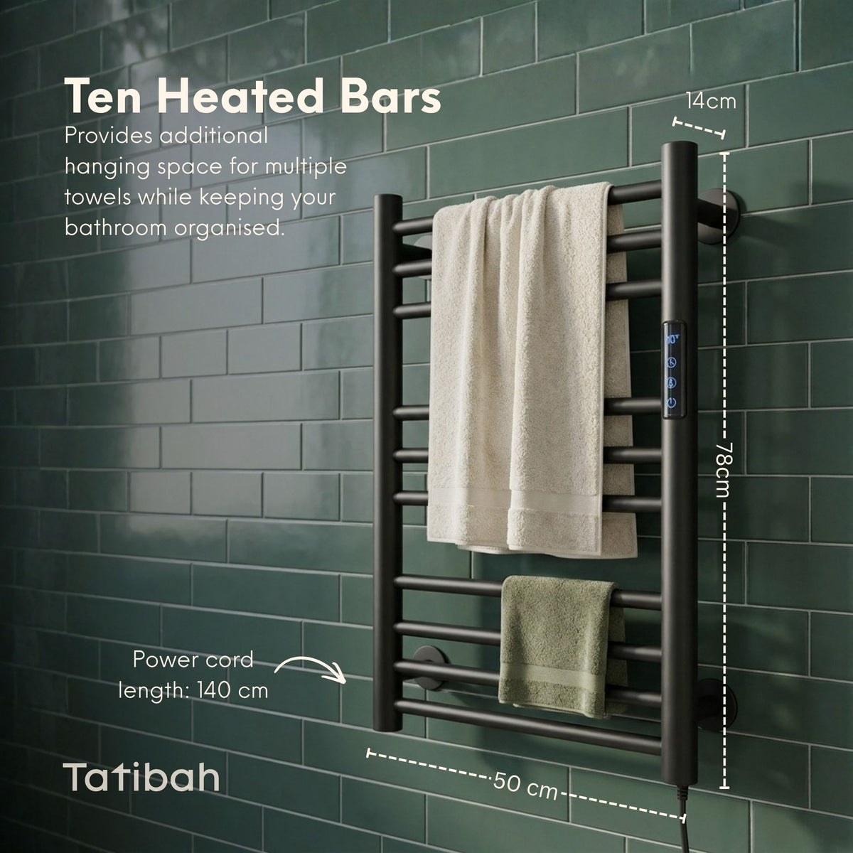 Tatibah Heated Towel Racks - Electric Warming Rails + Timer Matte Black