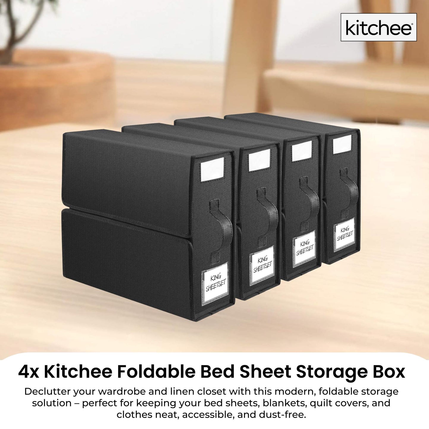 4x Kitchee Foldable Bed Sheet Storage Box – Linen & Closet Organiser Black
