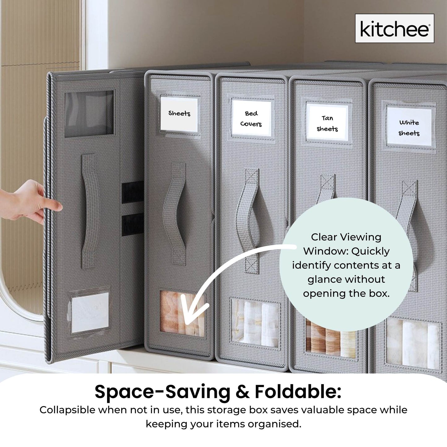 4x Kitchee Foldable Bed Sheet Storage Box – Linen & Closet Organiser Grey