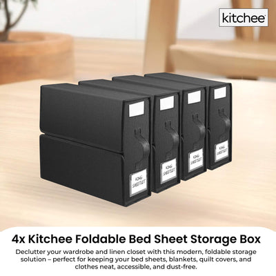 4x Kitchee Foldable Bed Sheet Storage Box - Linen and Closet Organiser Black