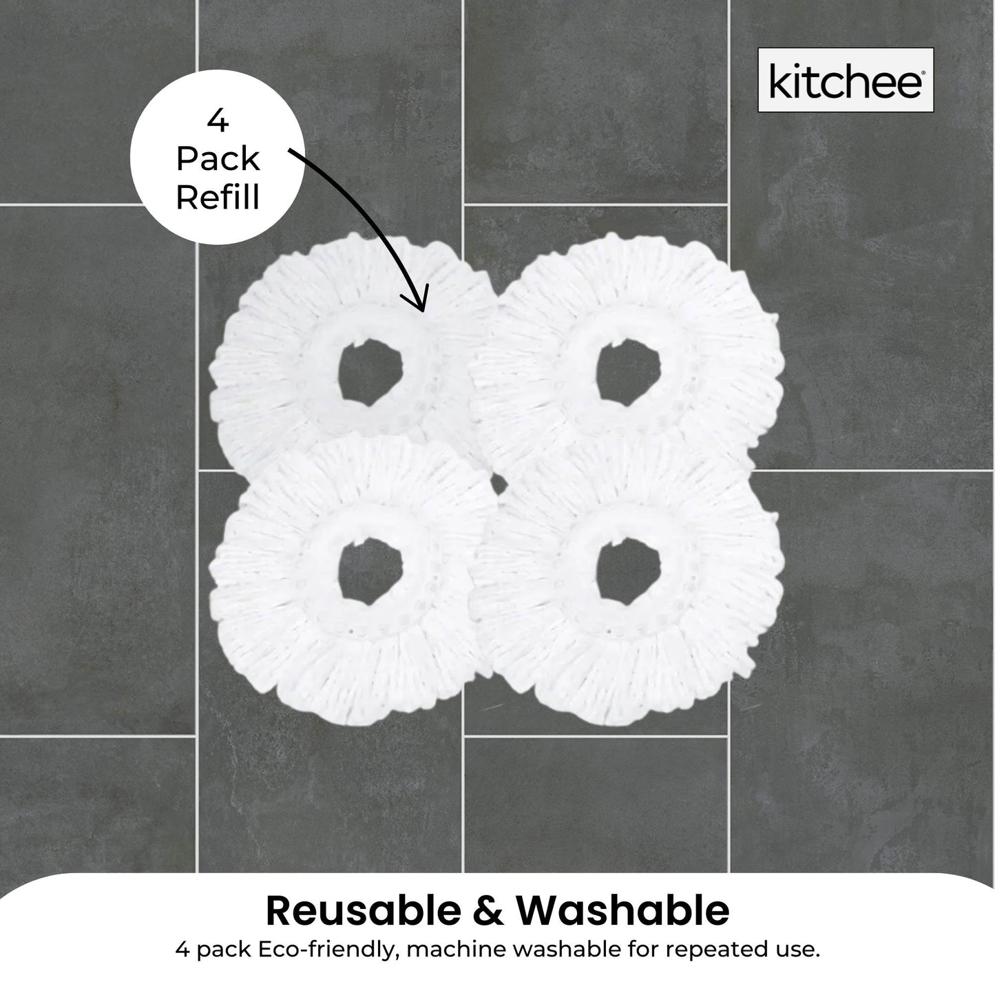 4x Kitchee Microfibre Mop Head Replacement for Kitchee Spin Mop - White Round