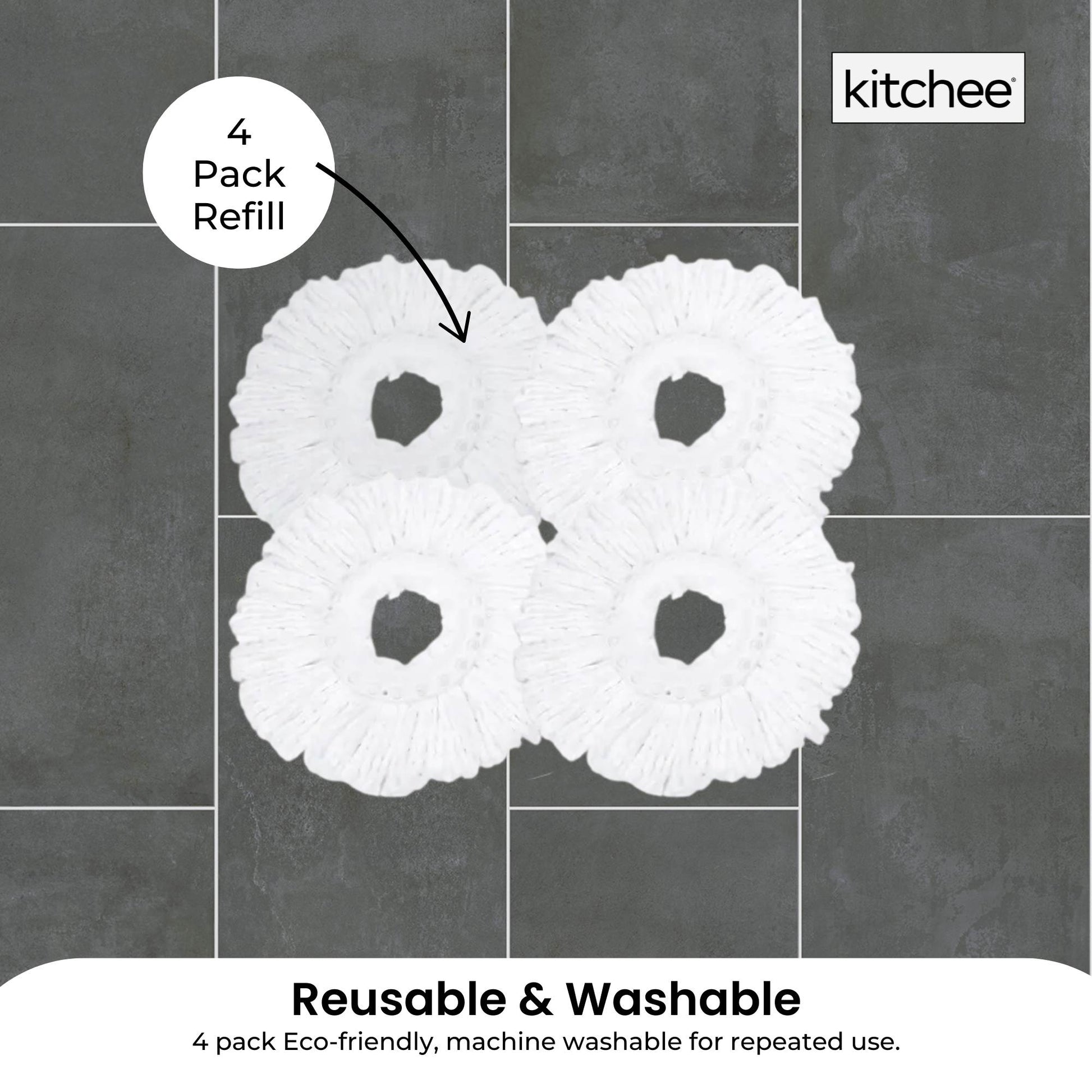 4x Kitchee Microfibre Mop Head Replacement for Kitchee Spin Mop - White Round