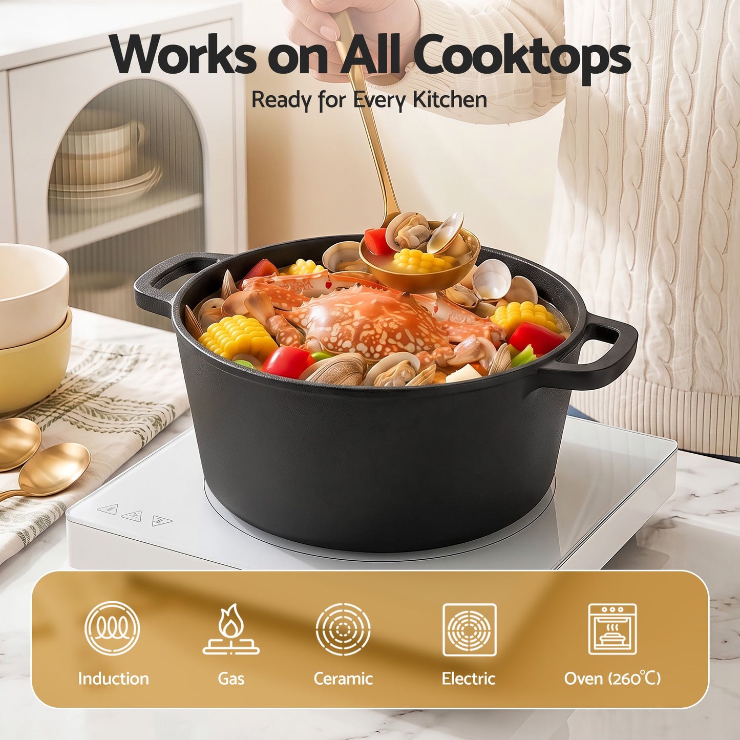 5-Star Chef 5L 2-In-1 Pre-Seasoned Cast Iron Dutch Oven Pot with Lid and Dual Handles for Sourdough Bread Baking
