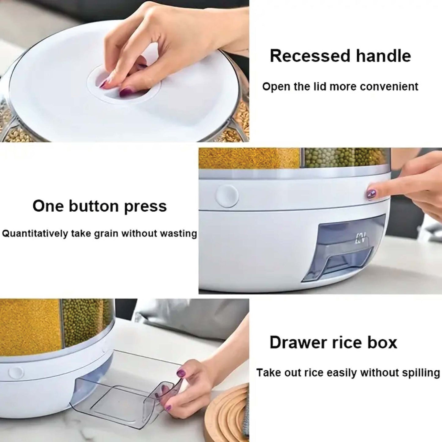 6 Grid Rotating Food Grain Dispenser 20Kg - Large Compartment Storage Container