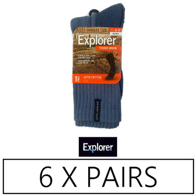 6 Pairs X Explorer Tough Work Socks Mens With Cotton Crew Blue