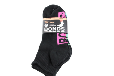 6 x Bonds Womens Quarter Crew Black Cushioned Ladies Socks