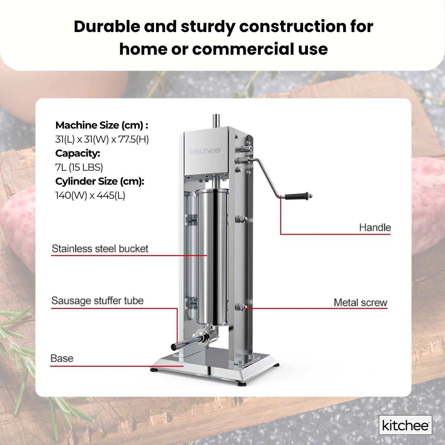 7L Manual Vertical Sausage Filler - Stainless Stuffer Meat Press Machine