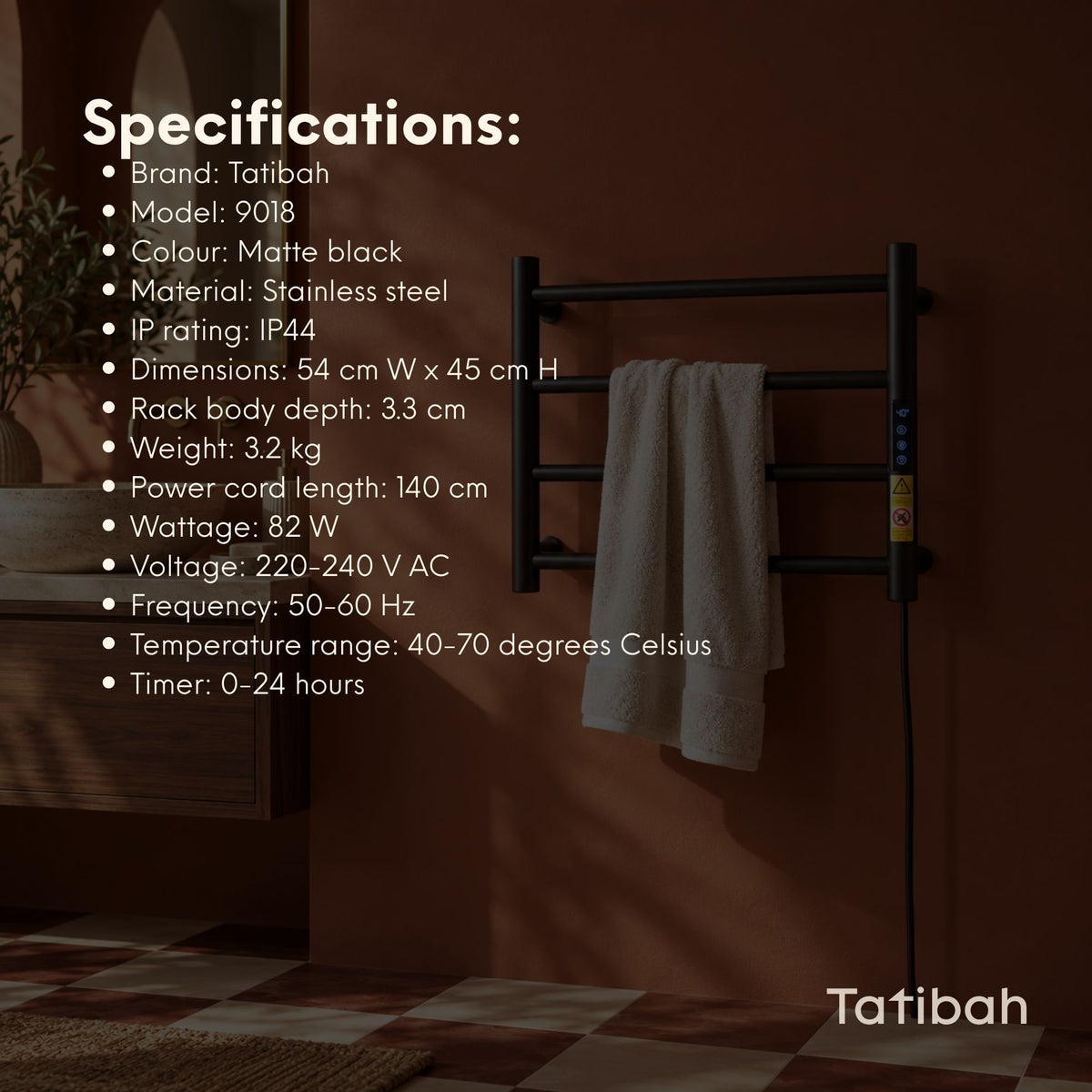 Tatibah Heated Towel Racks - Electric Warming Rails + Timer Matte Black