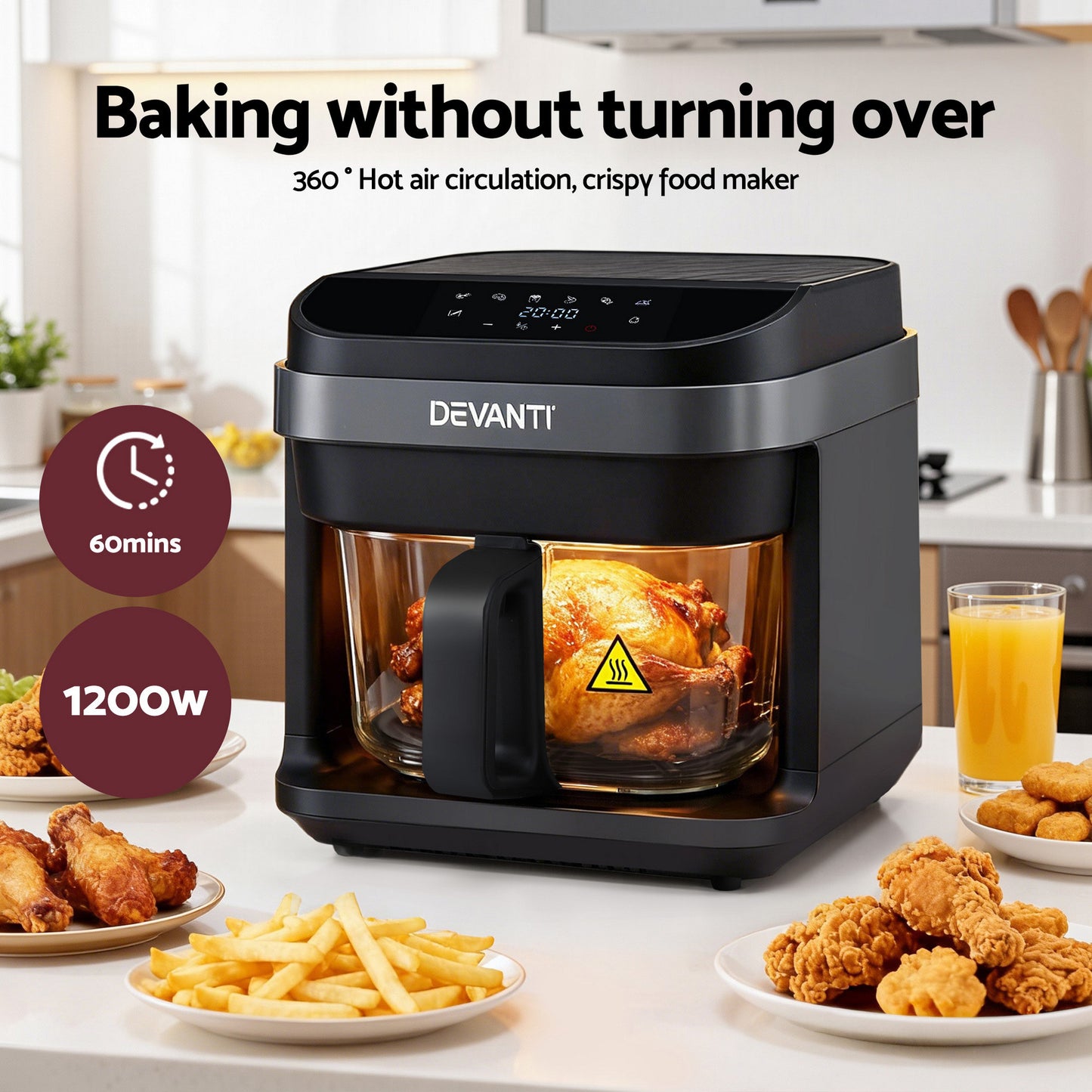Devanti Air Fryer 5.5L Touch Control Electric Cooker 1200W Black
