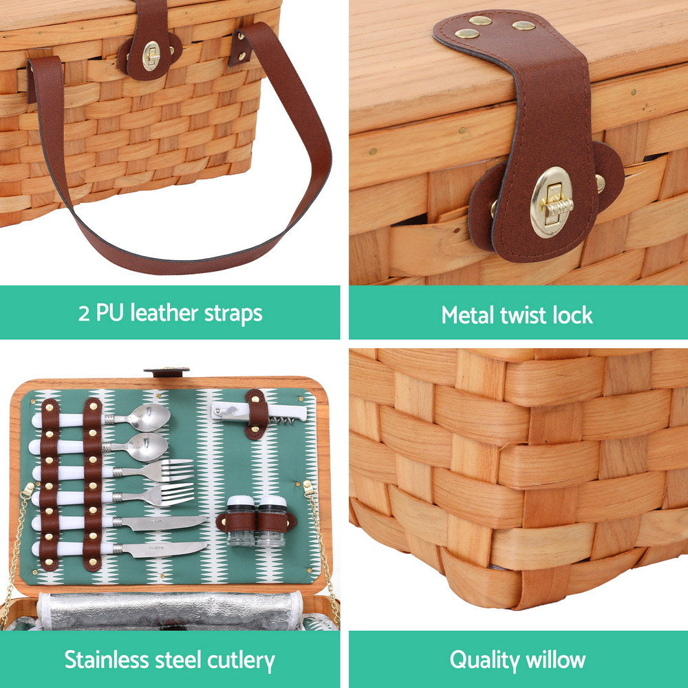 Alfresco 2 Person Picnic Basket Set Wooden Cooler Bag Plates Outdoor Insulated