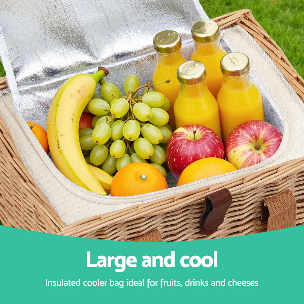 Alfresco 2 Person Picnic Basket Set with Table Blanket Cooler Wooden Insulated