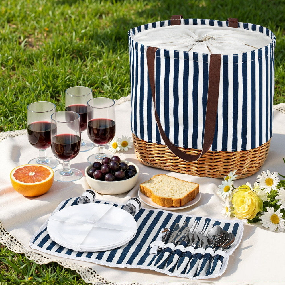 Alfresco 4 Person Picnic Basket Bag Set Wooden Blanket Cooler Outdoor Insulated