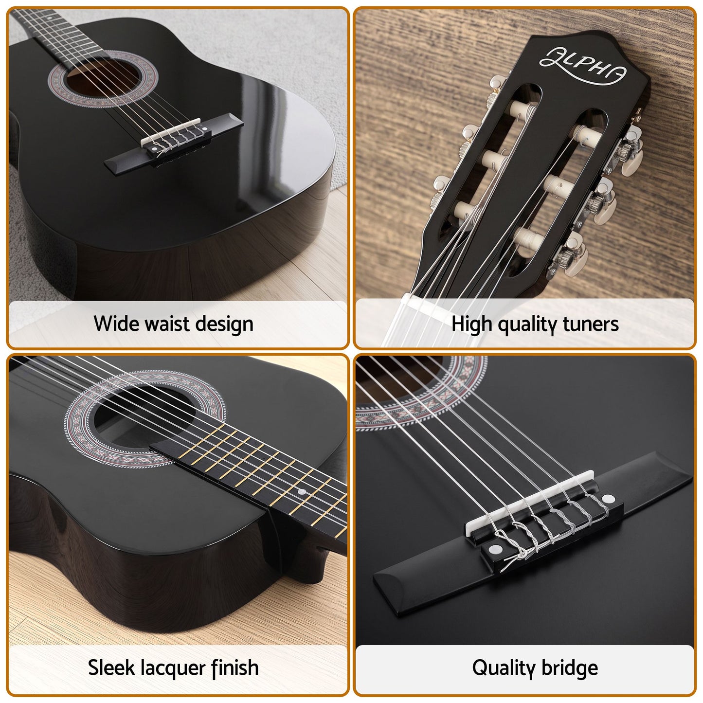 Alpha 38 Inch Acoustic Guitar Full Size Classical Cutaway Nylon String Black