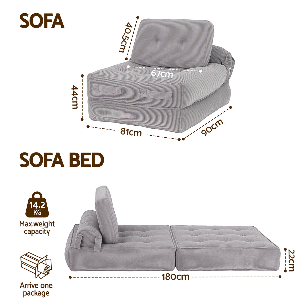 Artiss 1 Seater Corduroy Convertible Sofa Bed Pull Out Boneless Couch Grey