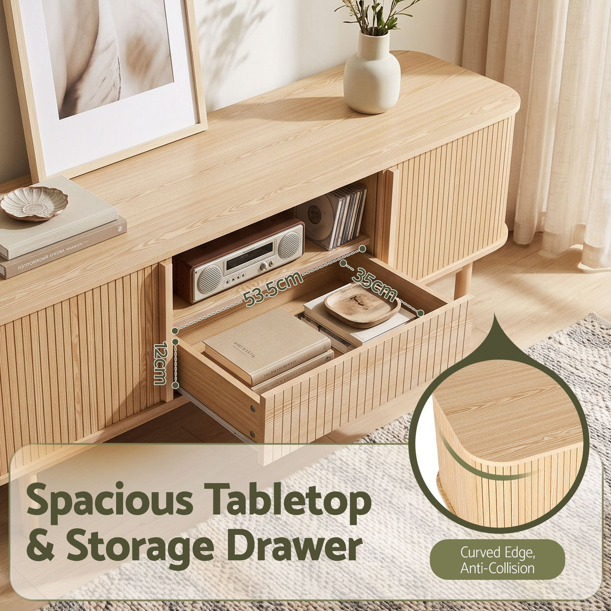 Artiss 160cm TV Unit Storage Drawer Curved Edge Sliding Fluted Style Door Pine