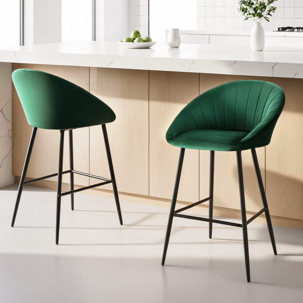 Artiss 2x Bar Stools Kitchen Dining Chair Counter Stool Tub Velvet Metal Green