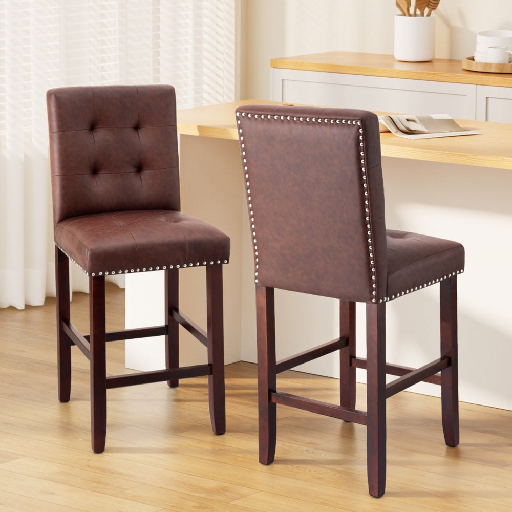 Artiss 2x Bar Stools Kitchen Dining Chairs Counter PU Leather Wooden Ada Brown