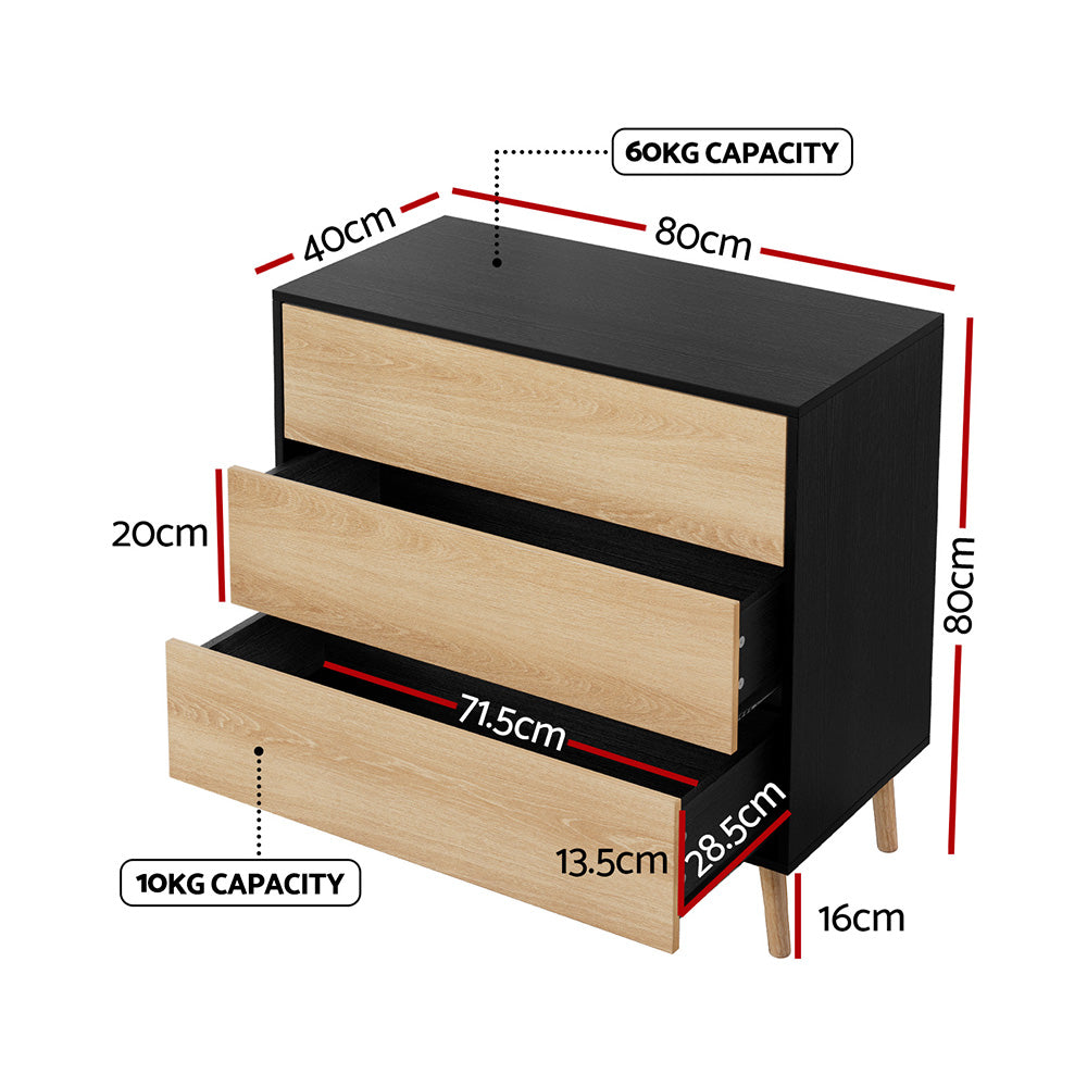 Artiss 3 Chest of Drawers Dresser Table Black&Pine