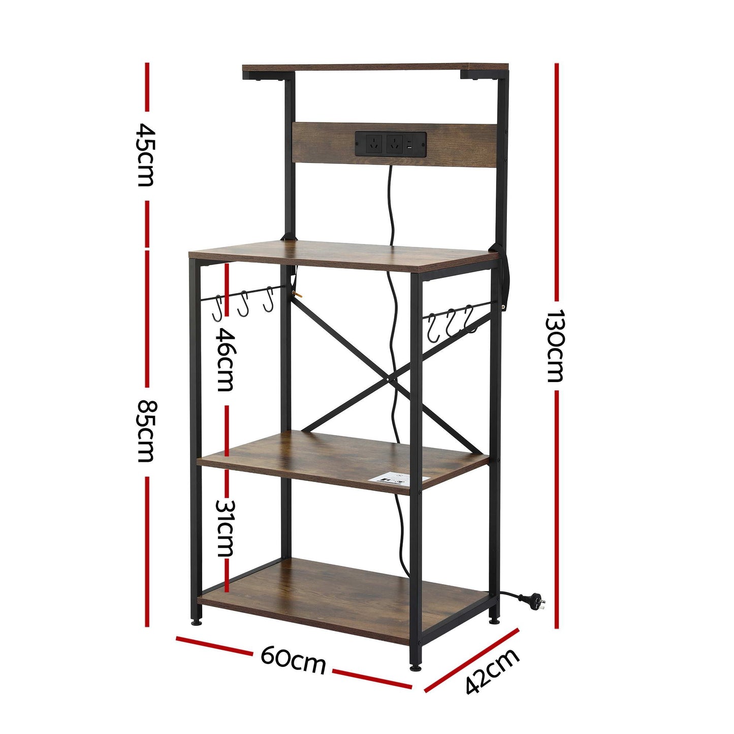 Artiss 4-Tier Kitchen Rack with 2 Power Outlets 6 Hooks Microwave Storage Shelf