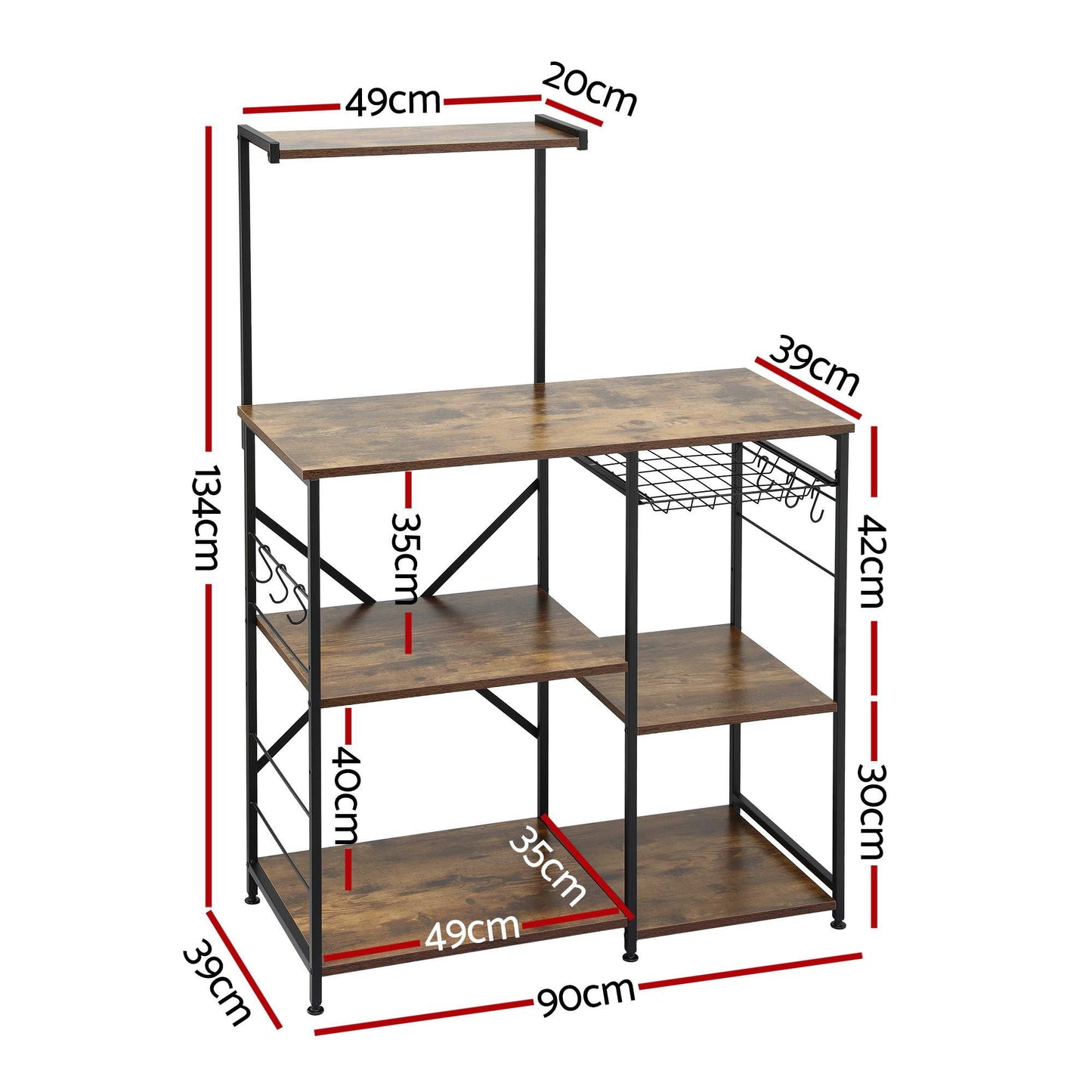 Artiss 4-Tier Kitchen Rack with Pull Out Basket 6 Hooks Microwave Storage Shelf