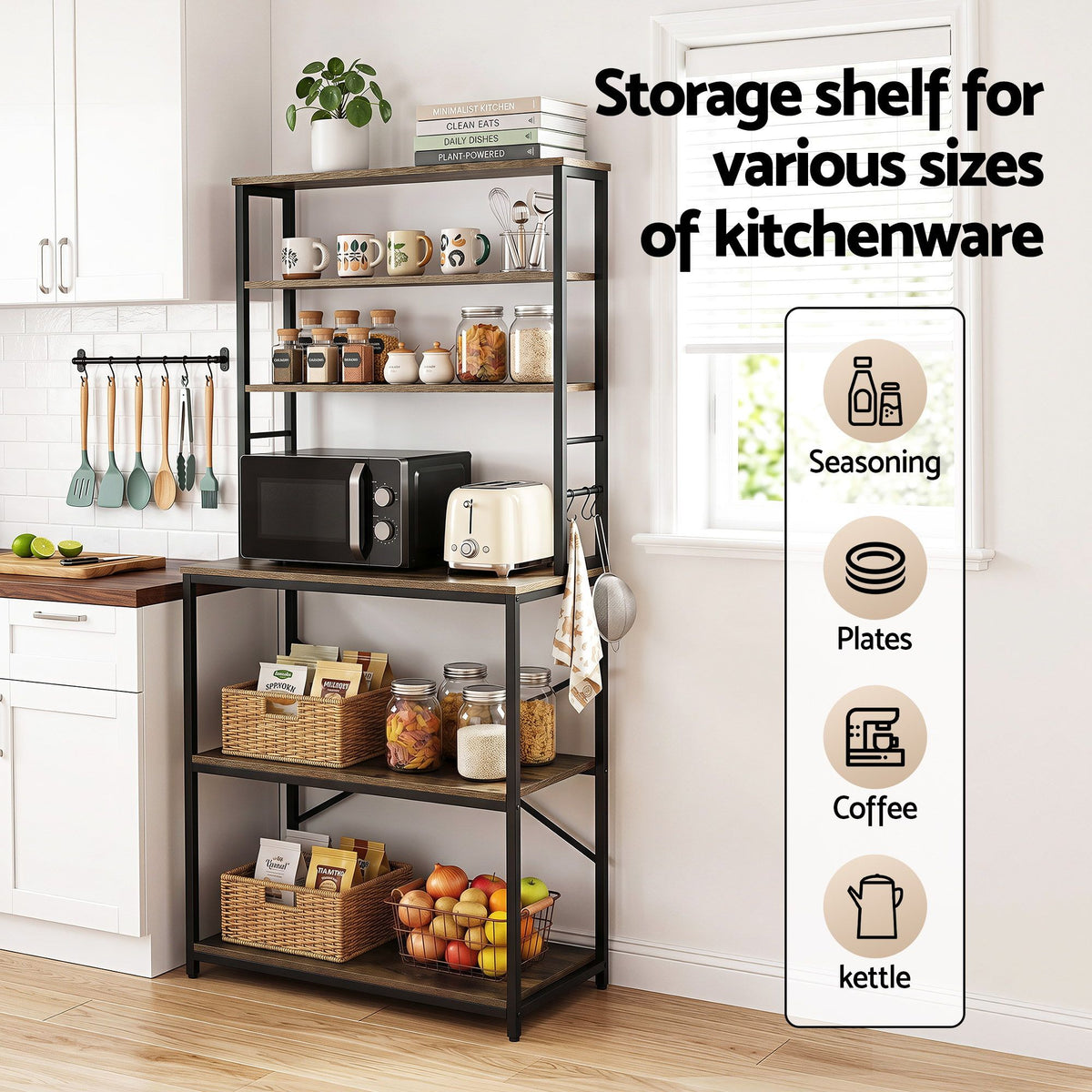 Artiss 6-Tier Kitchen Rack with 6 Hooks Microwave Storage Shelf 80cm x 167cm