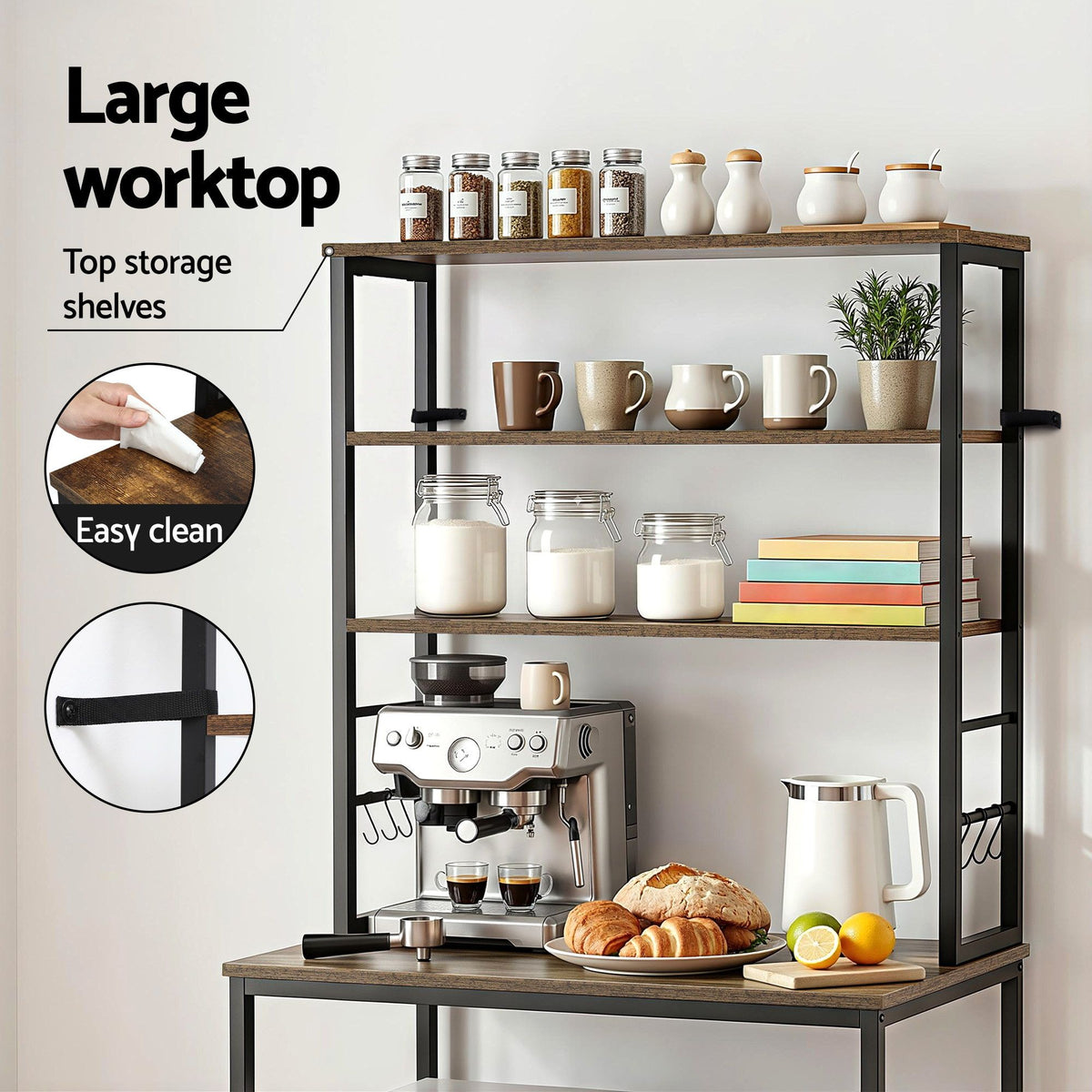 Artiss 6-Tier Kitchen Rack with 6 Hooks Microwave Storage Shelf 80cm x 167cm