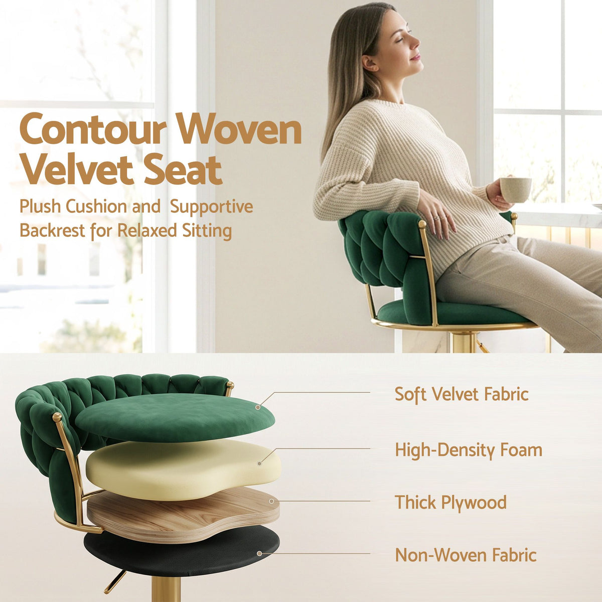 Artiss Bar Stool X1 Gas Lift Adjustable Velvet Woven Backrest Vivien Green