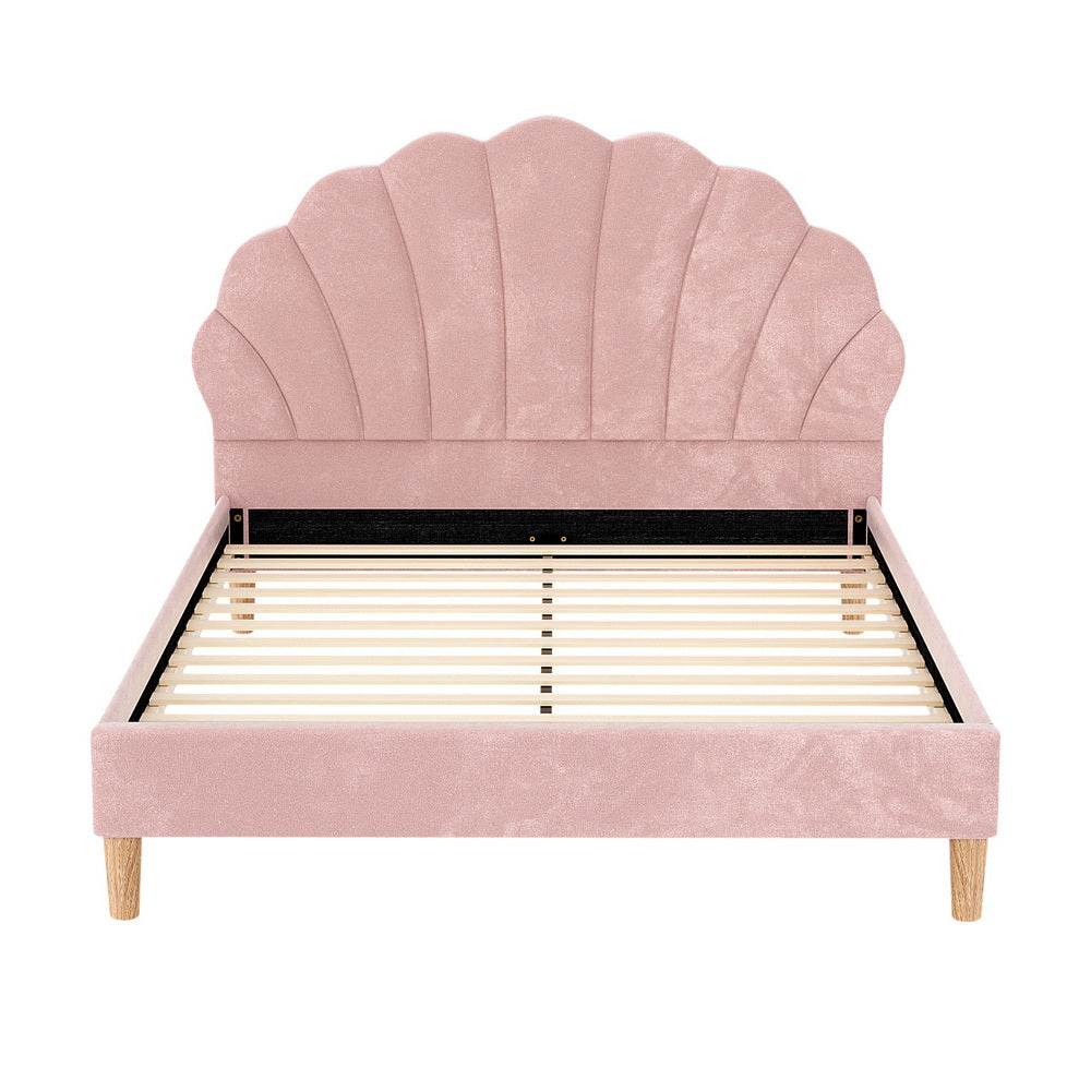 Artiss Bed Frame Double Size Scallop-Shape Bedhead Beds Base Pink Velvet Fabric