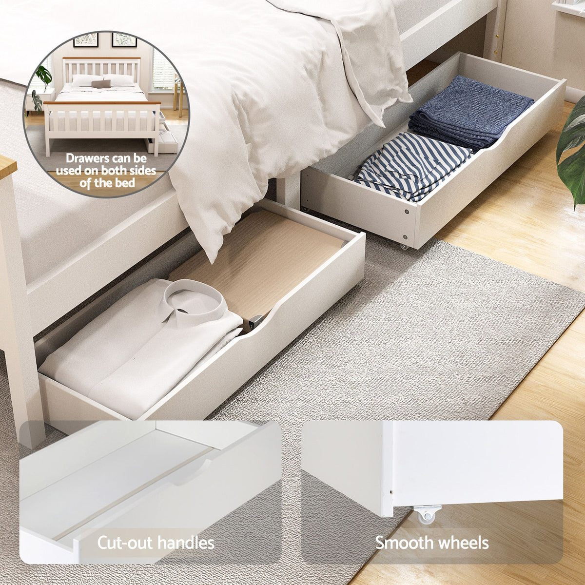 Artiss Bed Frame Double Size Wooden Platform with 2 Storage Drawers White PONY