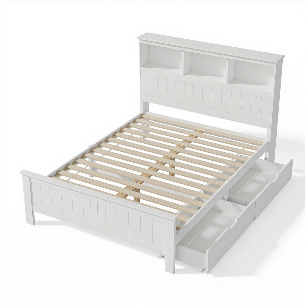 Artiss Bed Frame Double Size Wooden with 3 Shelves Bed Head White
