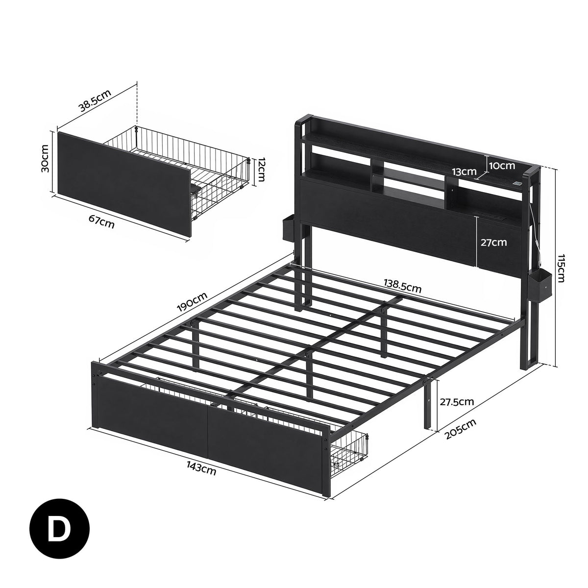 Artiss Bed Frame Double with Charging Station Storage Organizer Drawers LED ZAC