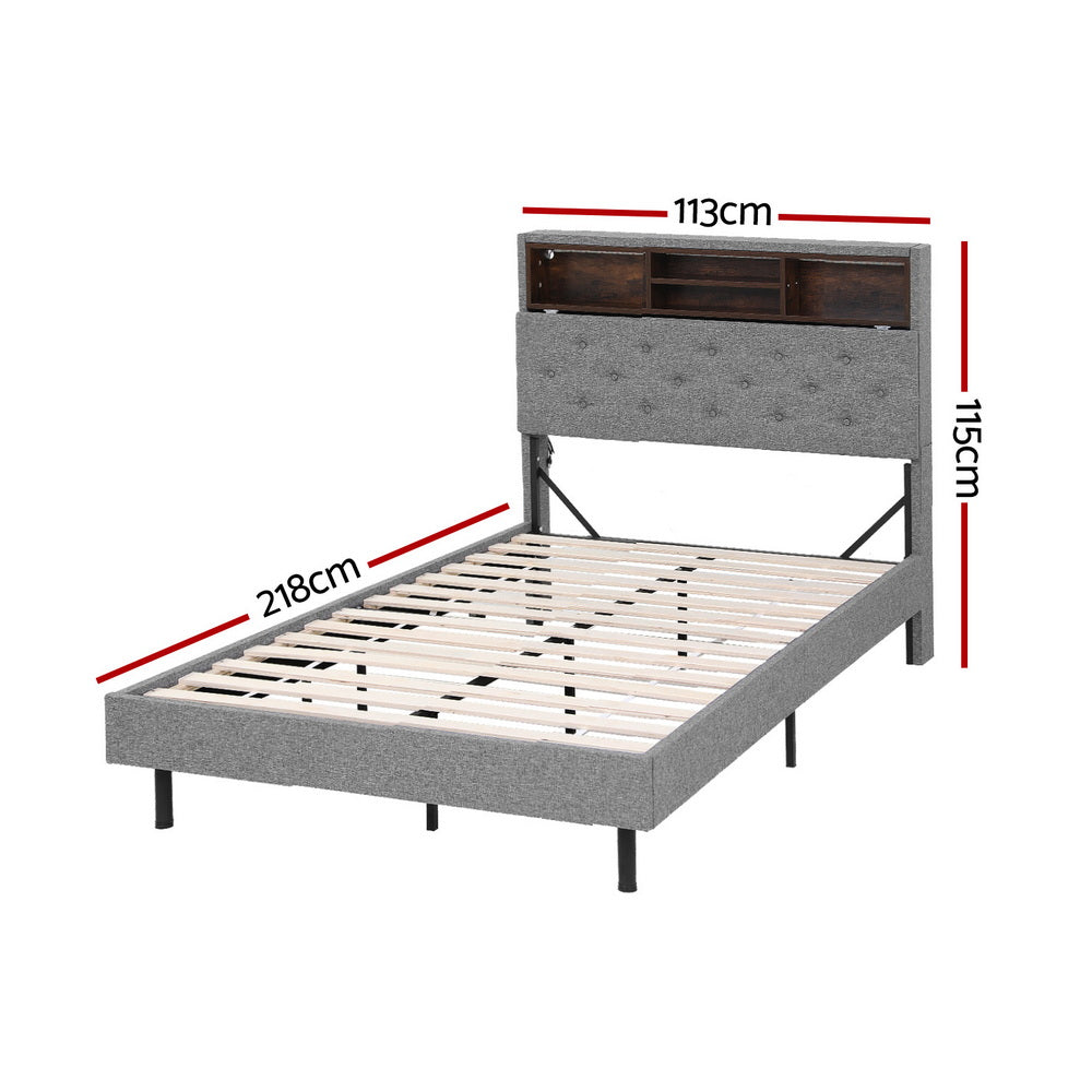 Artiss Bed Frame King Single Size LED Mattress Base Platform with Storage Shelf Hidden Storage Box Grey