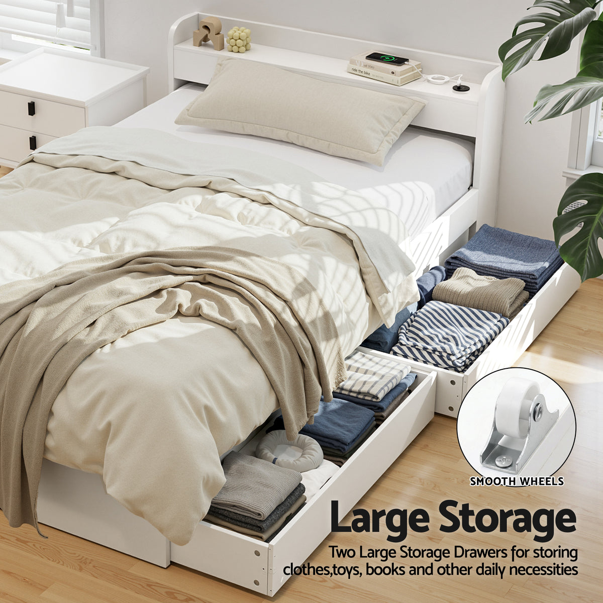 Artiss Bed Frame King Single Size with Charging Ports and 2 Drawers AURA