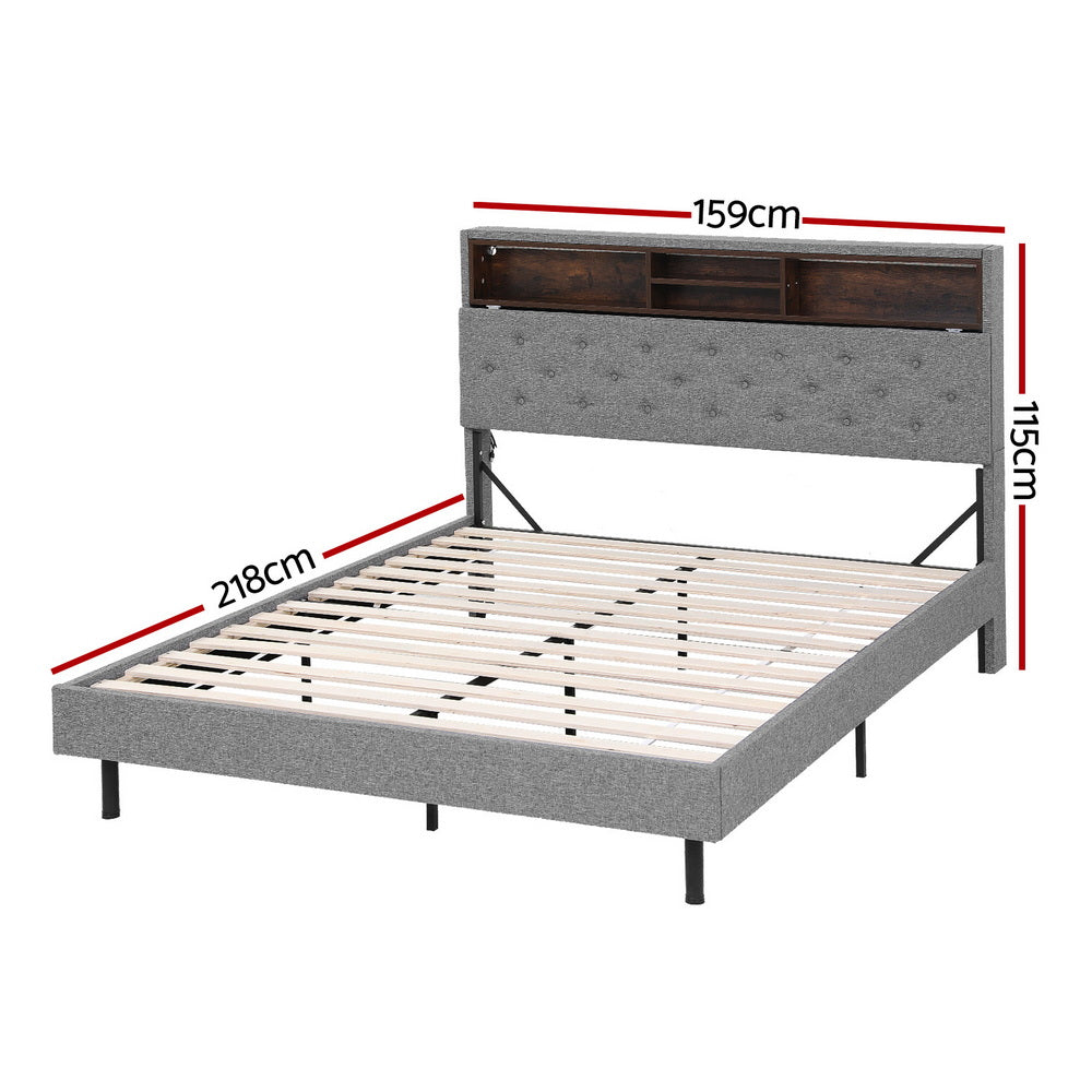 Artiss Bed Frame Queen Size LED Mattress Base Platform with Storage Shelf Hidden Storage Box Grey