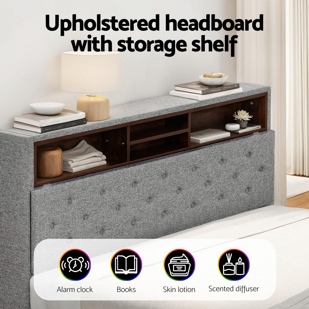 Artiss Bed Frame Queen Size LED Mattress Base Platform with Storage Shelf Hidden Storage Box Grey